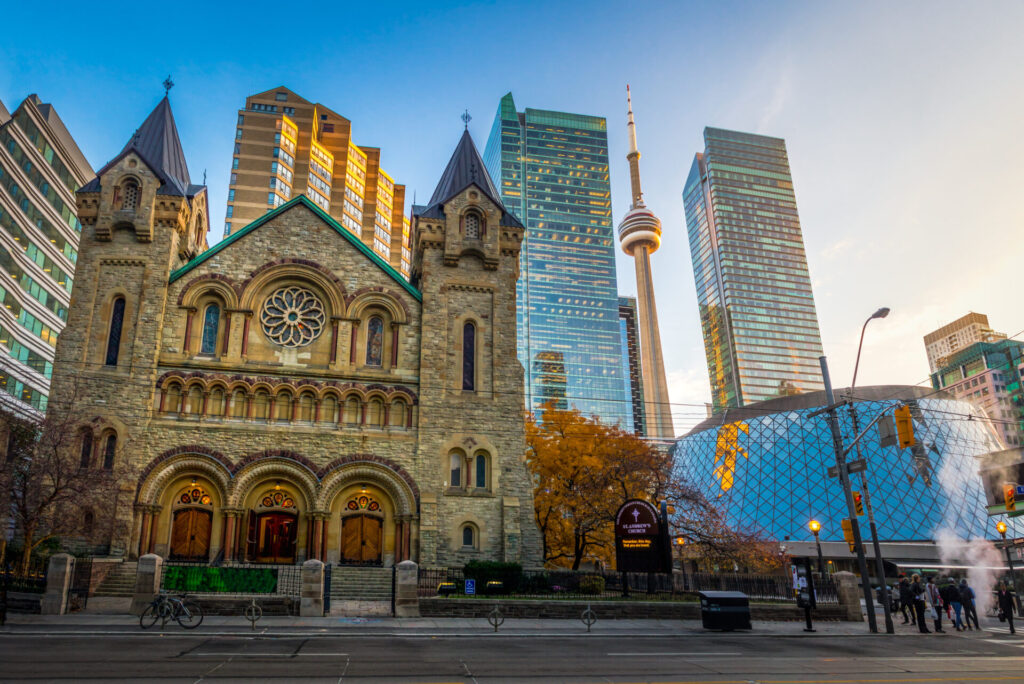 Panoramic view of St Andrew's Presbyterian Church and CN Tower, Toronto
