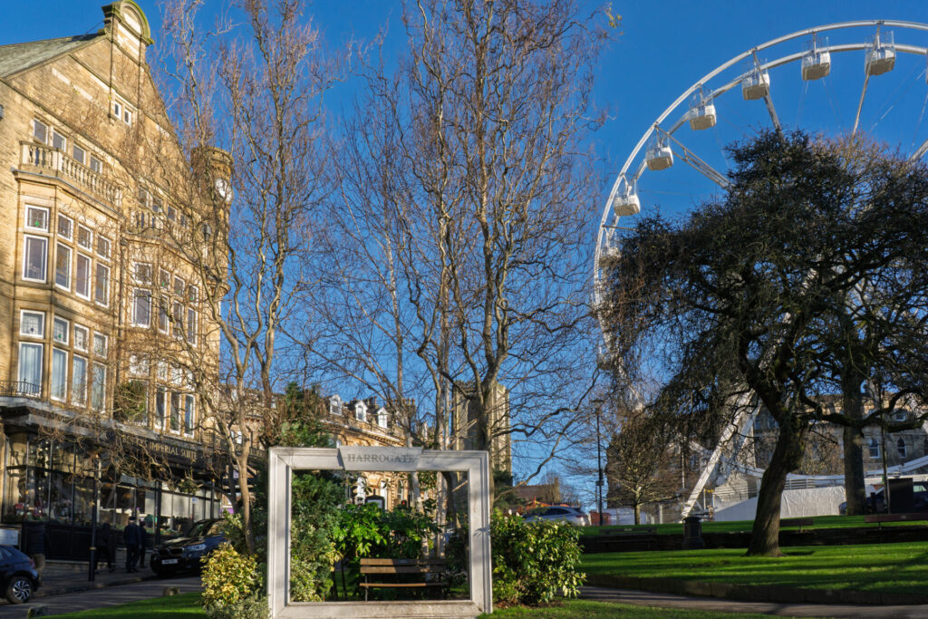 Harrogate Ferris wheel and town park with trees, frame, and winter sunshine.