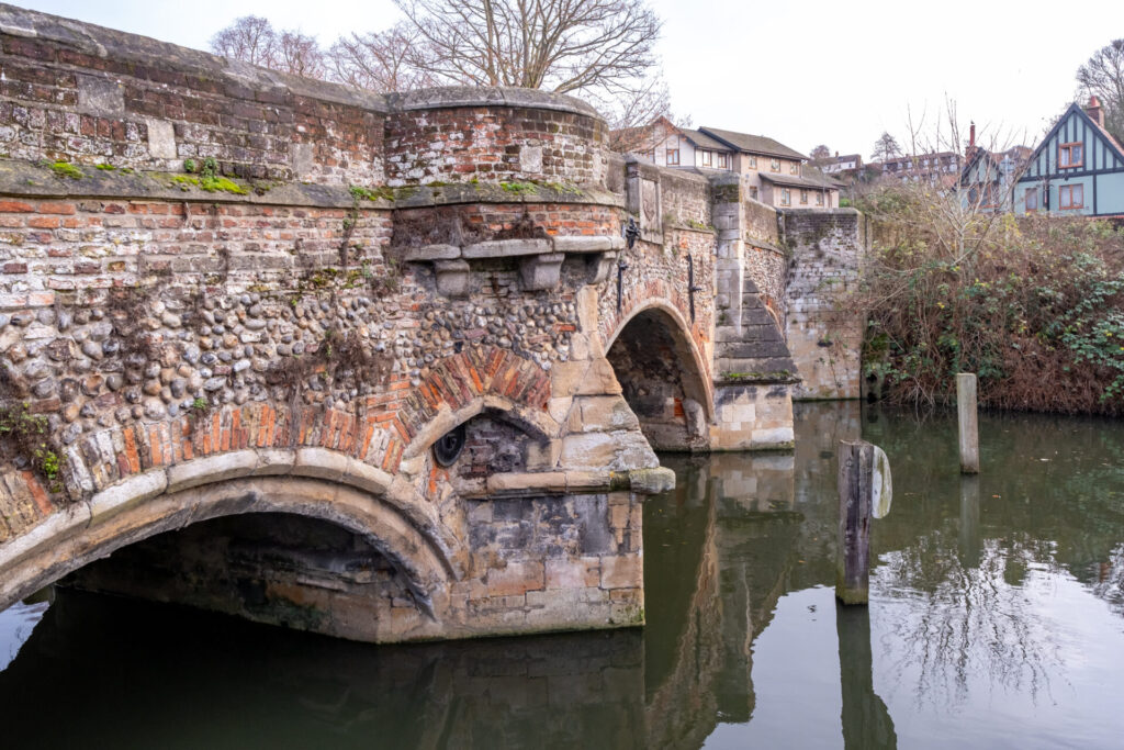 An historic, medieval bridge over the River Wensum in Norwich