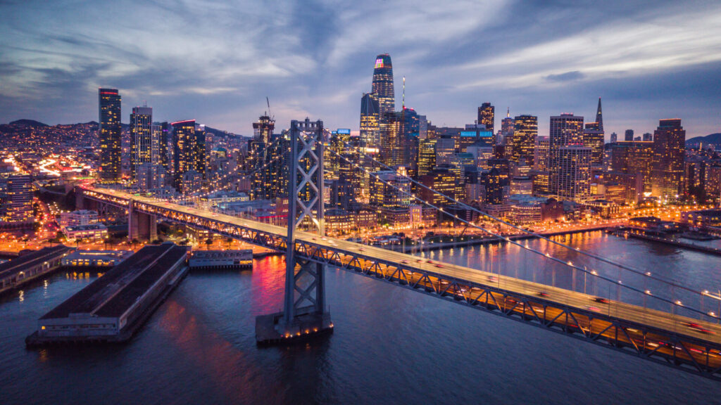 The San Francisco skyline with the Bay Bridge in the foreground