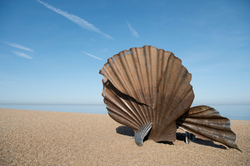 The Scallop sculpture on Aldeburgh beach