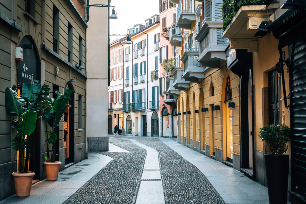 A colourful cobblestone street in Brera, Milan