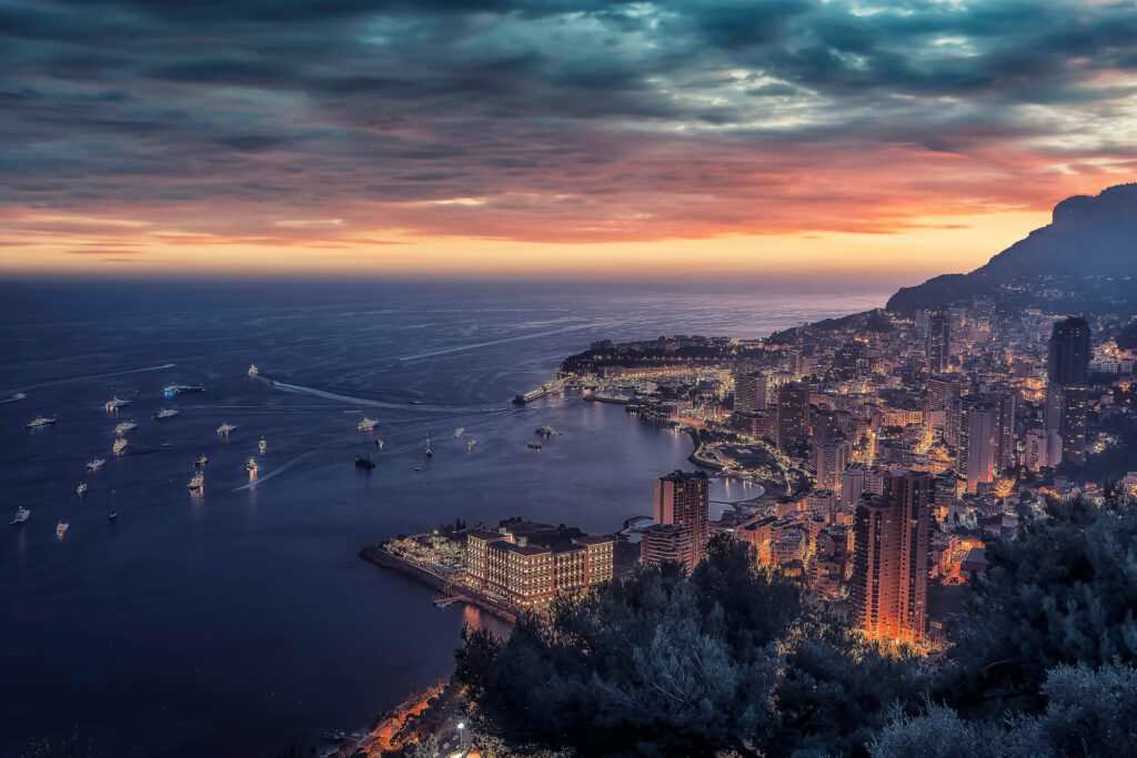 The sun sets over Monte Carlo
