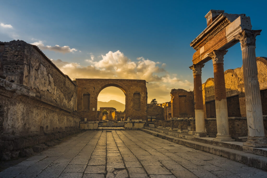 The ruins of the ancient city of Pompeii, looking towards Mount Vesuvius