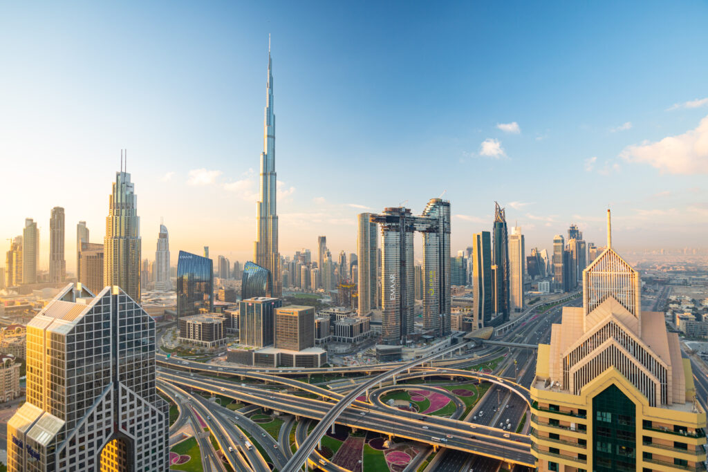 Downtown Dubai, with the Burj Khalifa in the centre