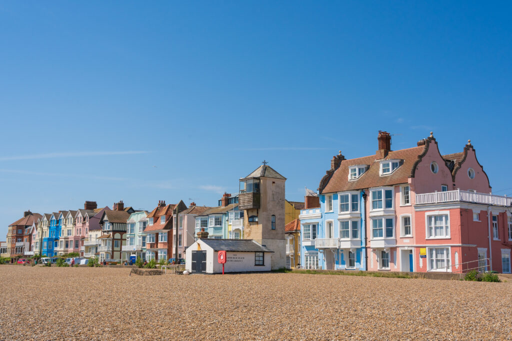 The pastel-coloured buildings overlooking Aldeburgh beach