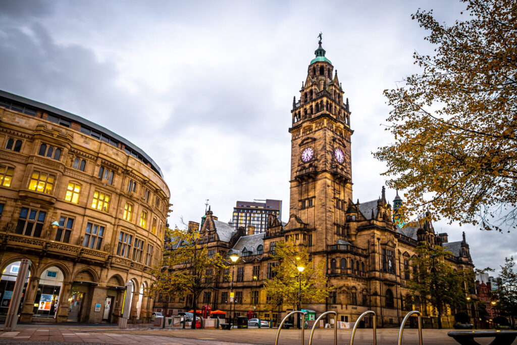 View of Sheffield City Council and Sheffield town hall in autumn