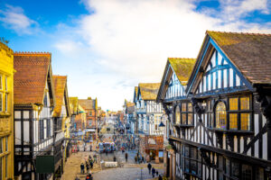 Old houses of Chester, a city in northwest England, known for its extensive Roman walls made of local red sandstone