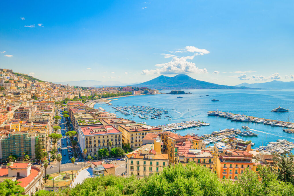 Looking towards Naples city with Mount Vesuvius in the distance