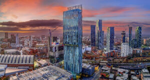 Manchester City centre Aerial night view of Deansgate Square and Beetham Tower Manchester northern England. City Centre at sunrise with coloured sky