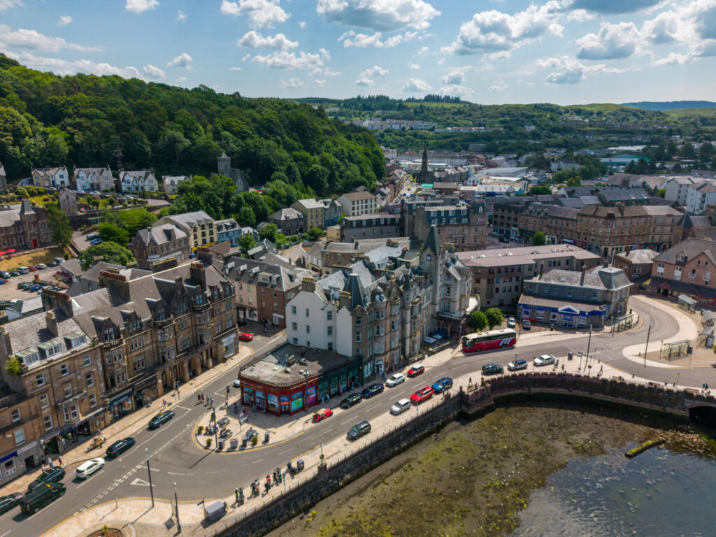 An aerial view of Oban town centre