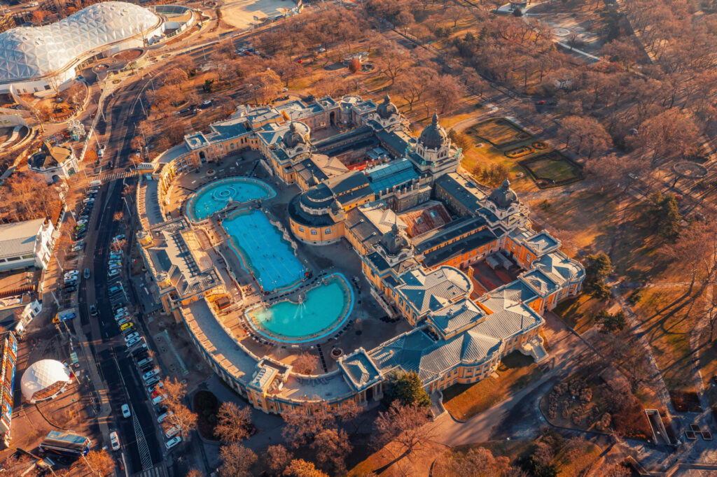 A bird’s eye view of Széchenyi Thermal Baths, Budapest