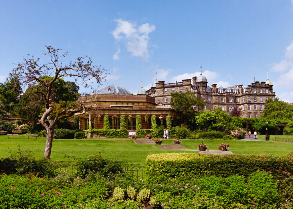 The Sun Pavilion with Windsor House in the background from Valley Gardens, Harrogate