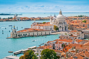 Panoramic aerial cityscape of Venice with Santa Maria della Salu
